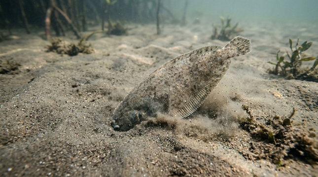 Tongue sole fish burying itself in the sandy ocean floor, blending with the seabed habitat