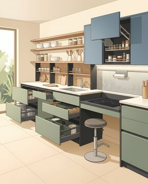 modern accessible kitchen interior design with ergonomic storage and lowered counters illustration - ai generated