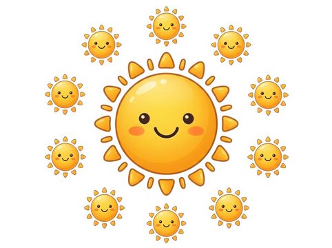 Group of cute sun characters with smiling faces illustration