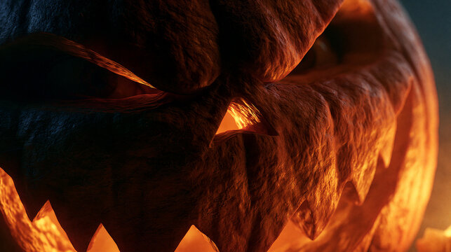 Close-up of a glowing carved Halloween pumpkin jack-o'-lantern with a spooky face.