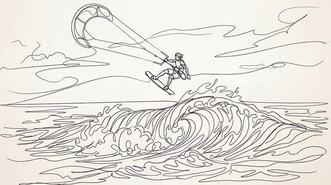 Minimalist line drawing of a kite surfer on a wave.