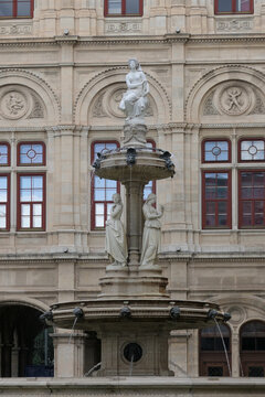 Ornamental Opera Fountain at Vienna State Opera in Vienna, Austria.