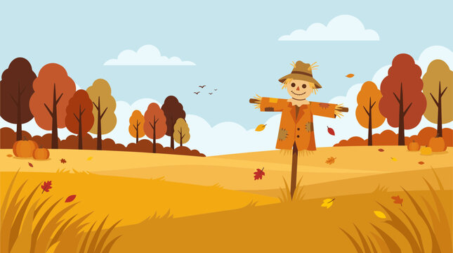 Scarecrow in Autumn Meadow with Pumpkins and Colorful Trees