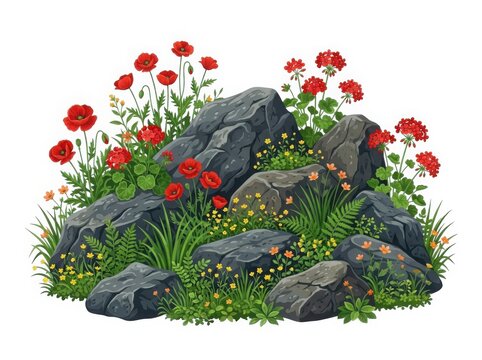 Colorful wild garden flowers growing on rocky terrain