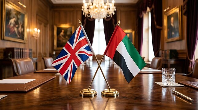 UK and UAE flags on a desk in an elegant wood-paneled conference room for diplomatic cooperation