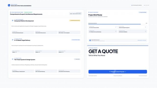 Clean minimalist professional software engineering project inquiry interface dashboard displaying technical scope requirements for cloud architecture and enterprise platform development services