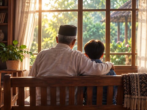 An elderly man wearing a peci hat and a young boy sitting on a wooden bench, looking out a window at a sunlit garden.