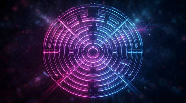 Futuristic neon blue and pink labyrinth circular maze technology background with futuristic design digital pattern cyber grid sci fi abstract maze abstract