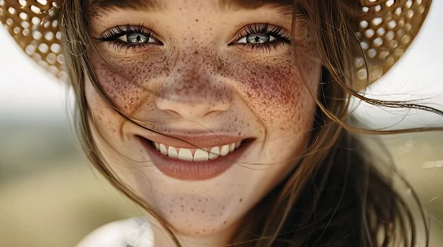 Close-up portrait of a joyful young girl with freckles smiling brightly while wearing a straw hat against a blurred outdoor background conveying happiness and natural beauty