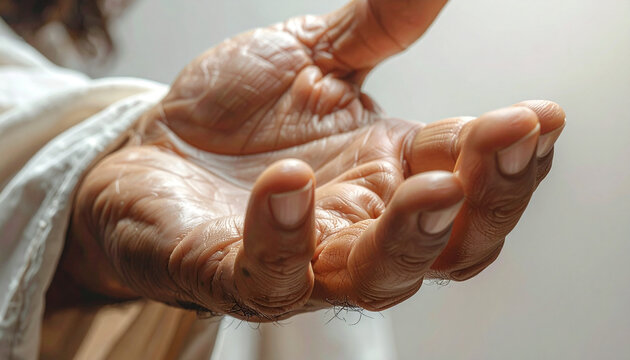 An Open Hand of Compassion: A close-up shot reveals an aged, weathered hand extended forward in a gesture of offering, assistance, or spiritual welcome.