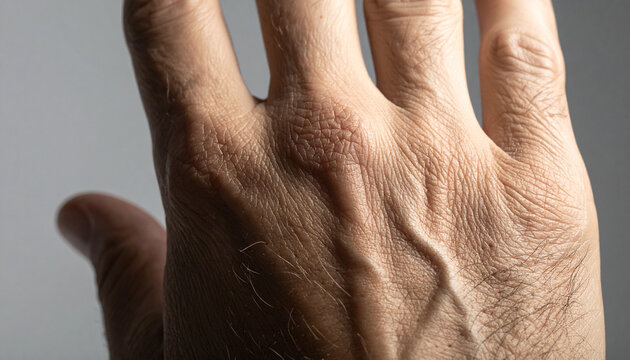 Close-up of a Human Hand: An intimate, high-detail macro shot reveals the intricate texture of a human hand, showcasing wrinkles, veins, and a small cluster of bumps on the skin.