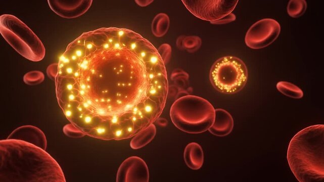Red Blood Cells Flowing in Bloodstream, Glowing Illuminated Erythrocyte Among Blood Cells, Photorealistic Medical 3D Animation