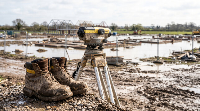 Residential Construction Project Halted Due to Flooding, Muddy Work Boots and Surveying Equipment
