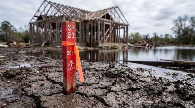 Survey Marker Highlights Flood Zone Halting Residential Complex Construction Project