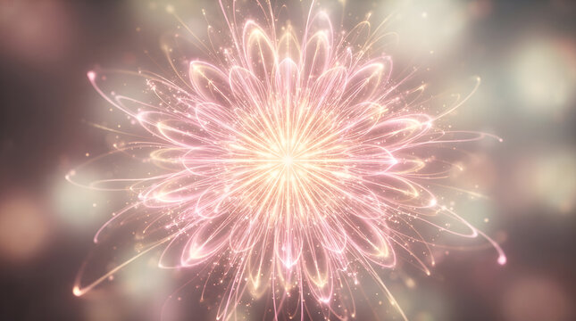 Abstract pink and gold floral mandala pattern glowing with soft sparkling light abstract flower glowing design geometric shape radiant energy decorative ar
