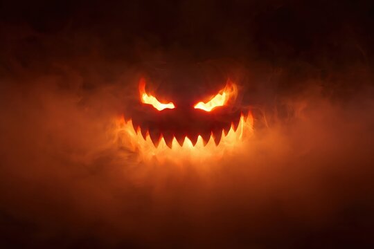 Demon face with glowing eyes and sharp teeth emerging from dark spooky orange smoke