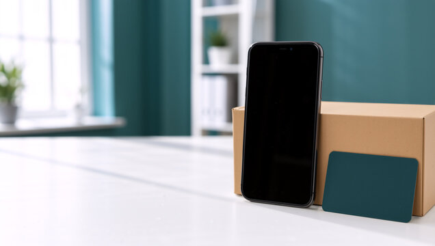 Smartphone with a credit card and cardboard box on a white table. Mobile shopping and online payment concept. Digital banking and e-commerce mockup