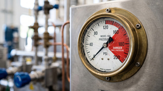Critical pressure gauge in red zone, symbolizing an unsafe industrial project forced by developer