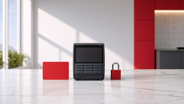 Secure payment concept with black pos terminal and red padlock. Blank red credit card next to card reader on marble counter. Safe financial transaction