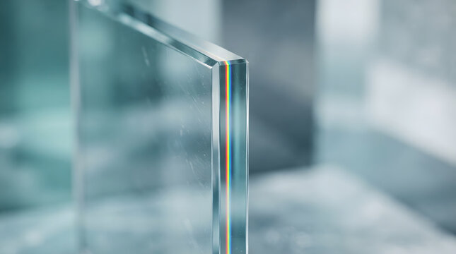 Close-up detail of laminated safety glass edge showing multiple layers and reflections in a bright interior with thick glass transparent material glass panel