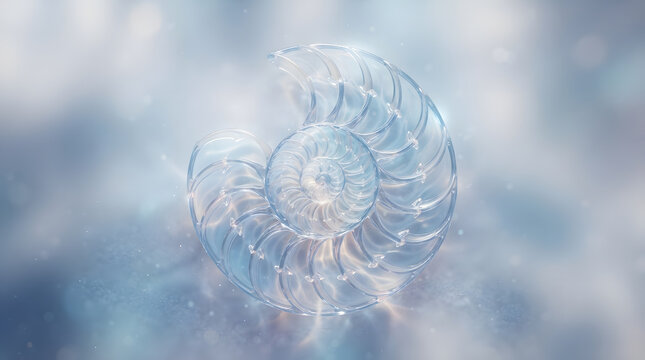 Abstract translucent crystal spiral nautilus shell design glowing on a soft blue background with glass art seashell design translucent object spiral shape