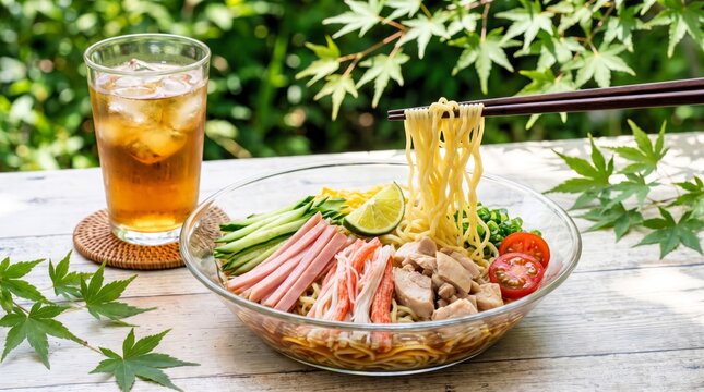 Fresh cold ramen noodles in glass bowl with sliced chicken, ham, imitation crab, crisp cucumber, and lime served outside