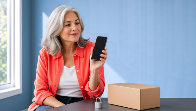 Mature woman holding smartphone with blank screen next to padlock and cardboard box. Secure online shopping and mobile data privacy concept. Senior female using technology at home