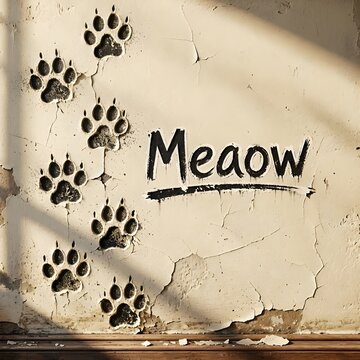 
A textured, aged wall featuring a trail of three-dimensional cat paw prints leading towards the hand-written word "Meaow" in a distressed black font. 
