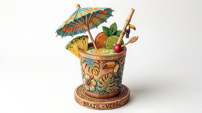 A colorful and vibrant tropical drink with umbrella and fruit garnish on a decorative coaster