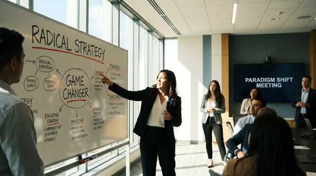 Business Team in a Paradigm Shift Meeting Presenting a Game Changer Radical Strategy Plan