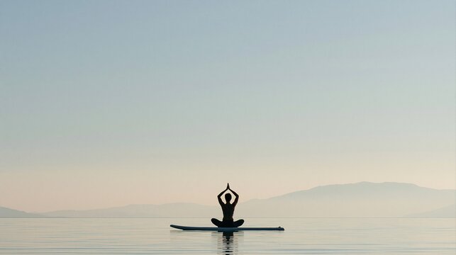 Yoga silhouette on a paddleboard at sunrise for peace and meditation on the water