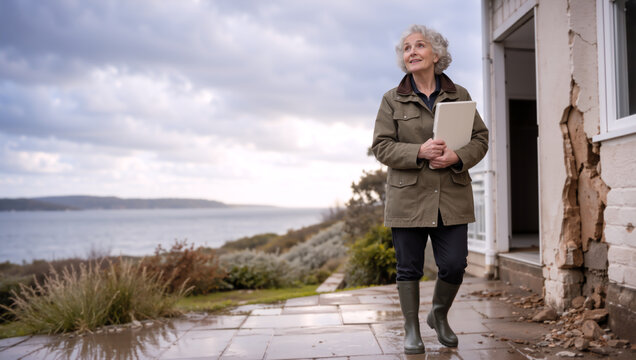 Senior woman inspecting house damage with a tablet after a storm. Property insurance claim assessor walking outside cracked home. Natural disaster aftermath concept