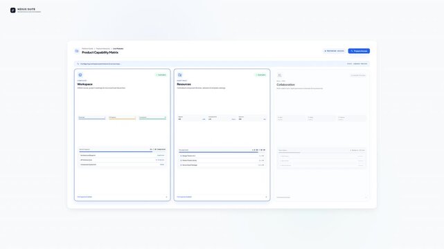 Minimalist professional dashboard interface featuring software workspace modules and data metrics displayed on a clean white digital background screen layout