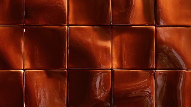 Ceramic tiles with organic glossy surface arranged in a neat grid pattern show artisanal quality and texture highlighting their rich brown colors.