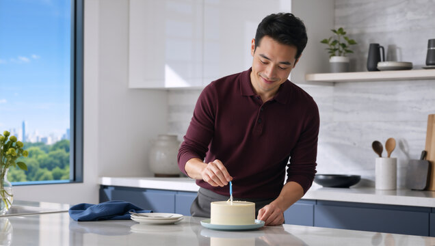Smiling man placing a candle on a white frosted cake in a modern kitchen. Male celebrating birthday or anniversary at home with city park view background