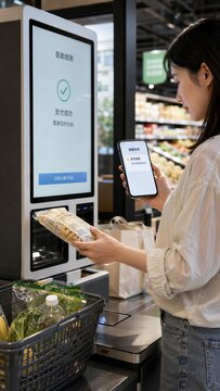 Woman using smartphone for self checkout payment in supermarket