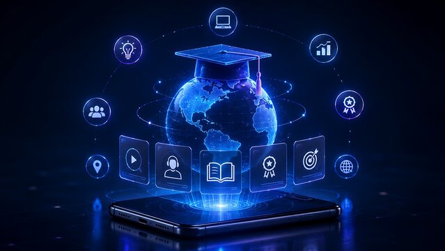 Global Online Education Concept With Smartphone Digital Globe And Graduation Cap