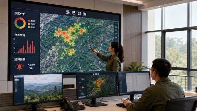 Wildfire monitoring team analyzing forest hotspot map in control room