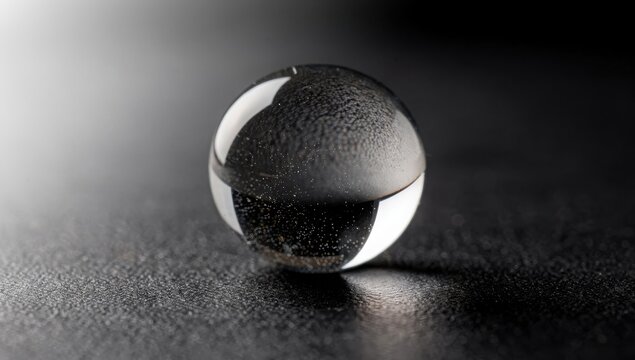 Sphere made of transparent glass rests on a dark textured surface illuminated by soft directional light.