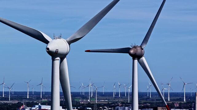 Aerial view of wind turbines at the Volkswagenwerk Emden facility, showcasing renewable energy infrastructure in Emden, Niedersachsen, Germany.