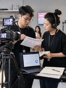 Production team planning live broadcast with analytics in studio