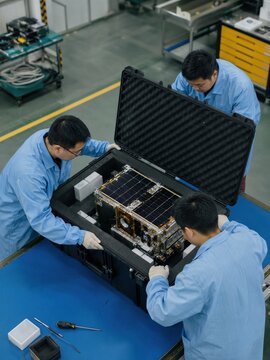 Technicians unpacking a small satellite in a laboratory