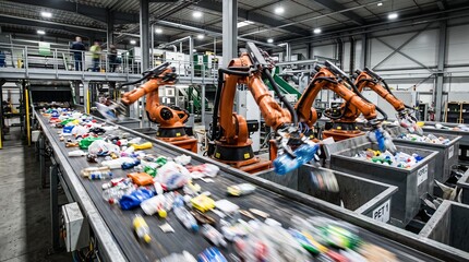 Fototapeta premium Automated Recycling Facility Sorting Plastic Waste with Robotic Arms on Conveyor Belt