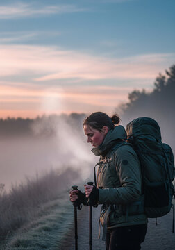 Woman hiking on a mountain, taking a photo against a foggy background