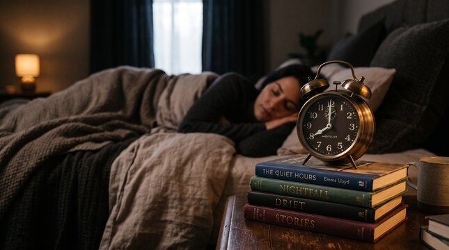 Woman sleeping in bed with alarm clock and books on nightstand