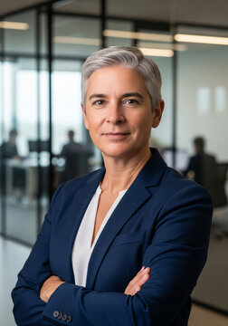 Confident mature female manager with short grey hair holding digital tablet in bright office corridor, smiling middle aged businesswoman looking away, corporate leader career portrait