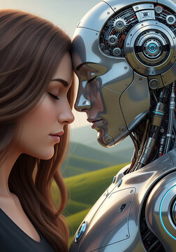 Cyborg robot and woman hugging together, futuristic cyber loving couple, romance with artificial intelligence