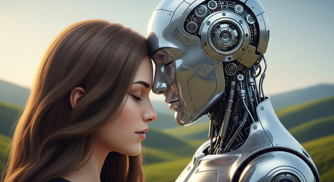 Cyborg robot and woman hugging together, futuristic cyber loving couple, romance with artificial intelligence