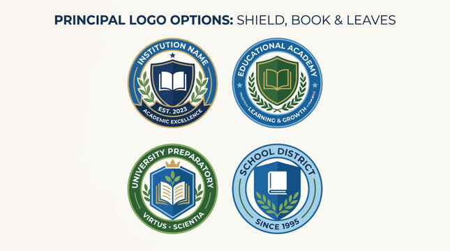 Circular educational crest logos with book and leaf motifs