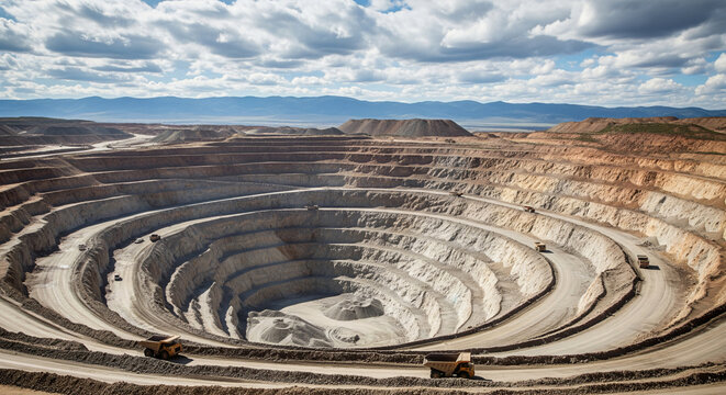open pit gold mine viewed from above with spiral road and trucks hauling material